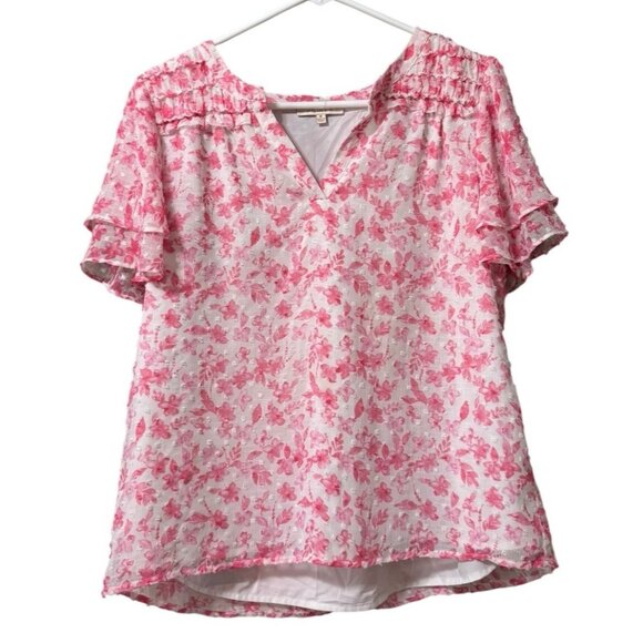 Skies Are Blue White and Pink Floral Print Smocked Flutter Sleeve Blouse Medium - Picture 1 of 9